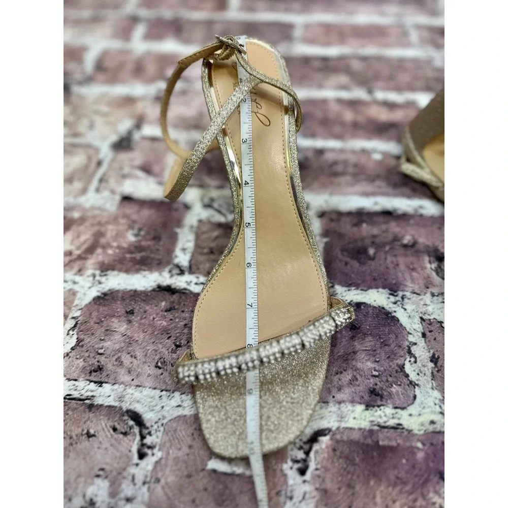 Jewel Badgley Mischka Gold Glitter Crystal Block Heel Sandals Women Formal NWOB